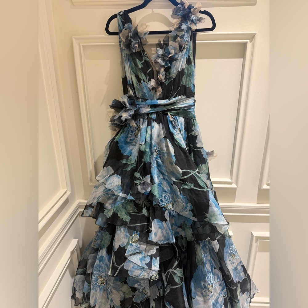 MARCHESA COUTURE- Blue Floral Tiered V-Neck Evening Dress - Picture 8 of 9
